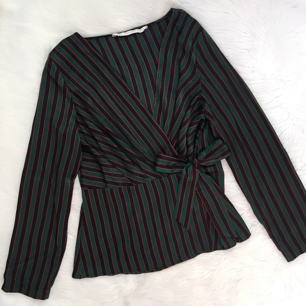 Zara Green and Red Striped Wrap Top Shirt